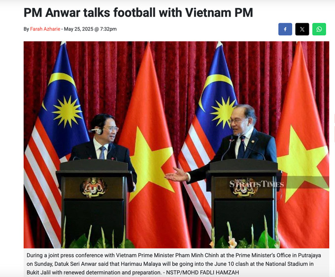 Thủ tướng Việt Nam Phạm Minh Chính (bên trái) và Thủ tướng Anwar Ibrahim của Malaysia - Ảnh chụp từ New Straits Times