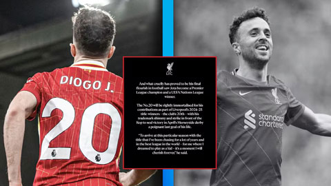  Liverpool treo vĩnh viễn áo số 20 để tưởng niệm Diogo Jota