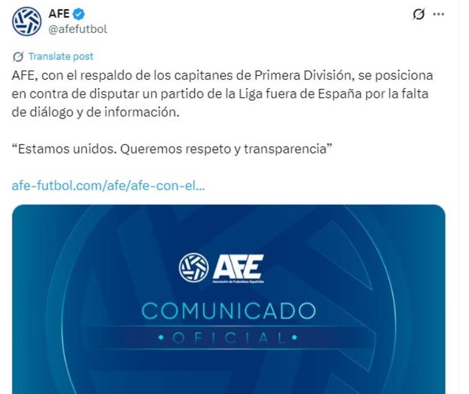 Hiệp hội các cầu thủ chuyên nghiệp (AFE) và 20 thủ quân các đội bóng La Liga cùng phản đối ý tưởng đưa giải đấu sang Mỹ.