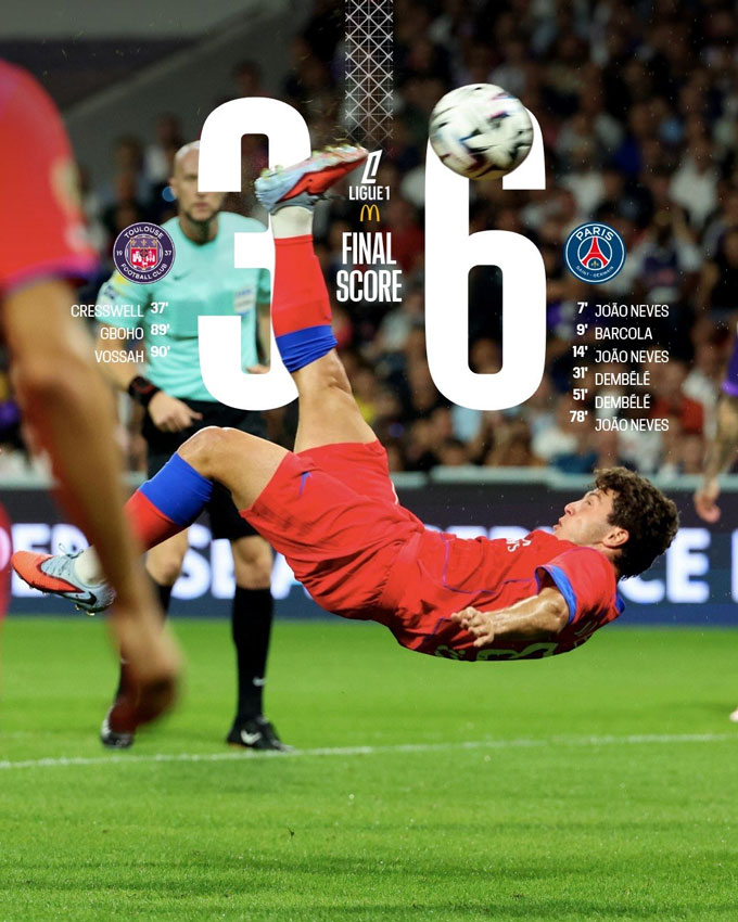 Neves lập hat-trick trong chiến thắng 6-3 của PSG trước Toulouse
