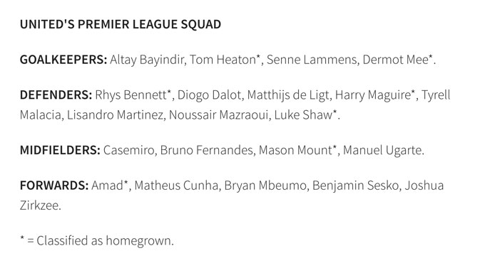 Danh sách dự Premier League 2025/26 của MU