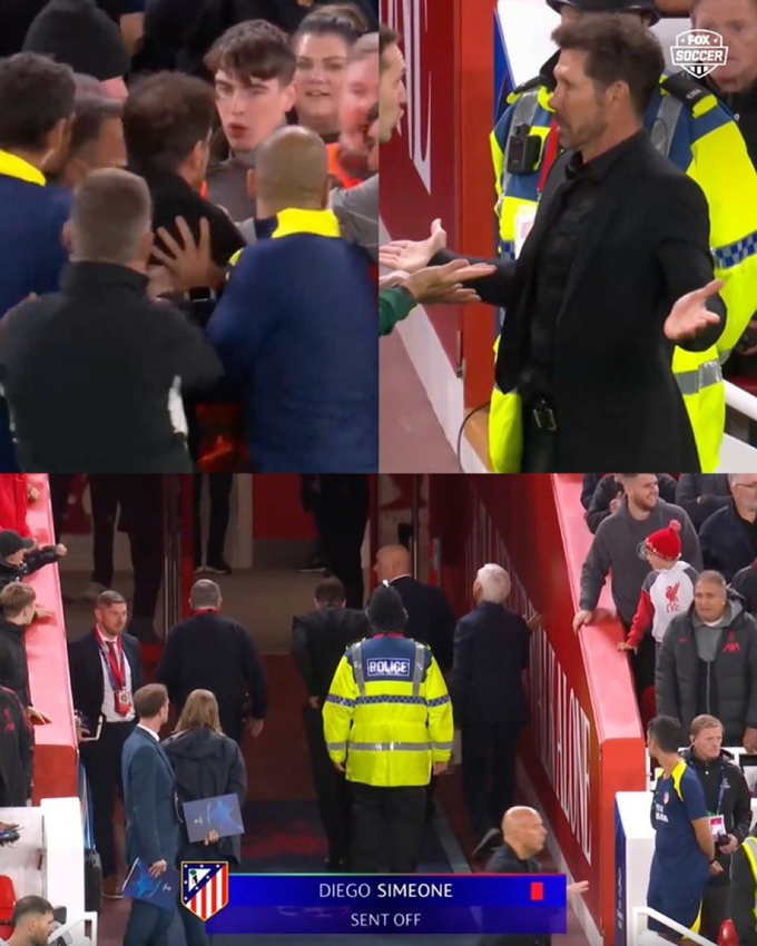 Simeone xô xát với CĐV LIverpool và phải nhận thẻ đỏ