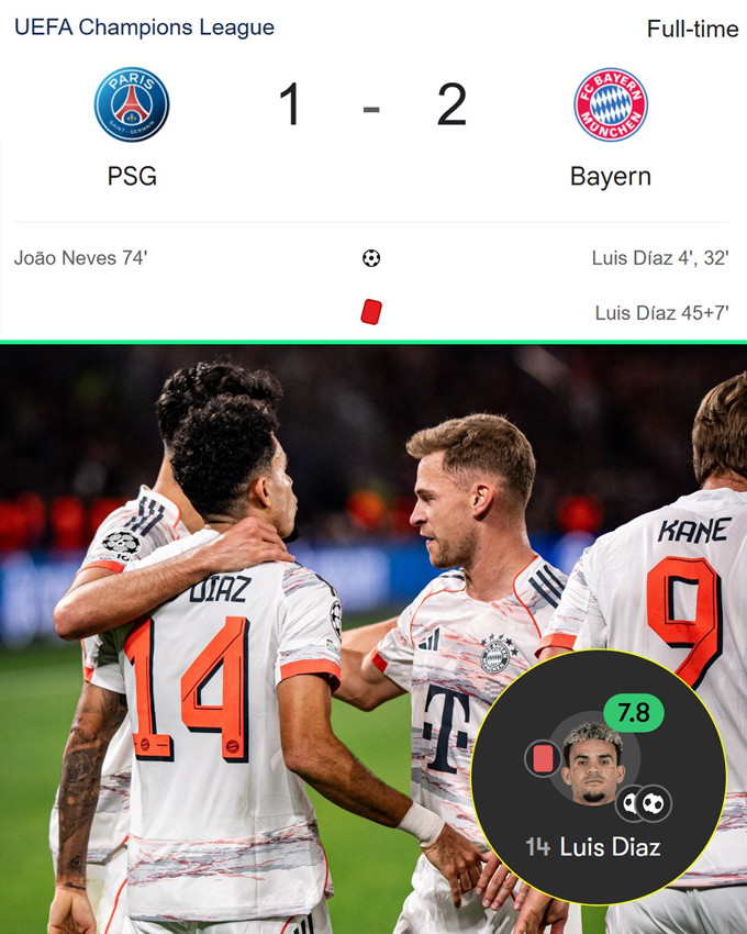 Diaz ghi 2 bàn và nhận thẻ đỏ ngay trong hiệp 1