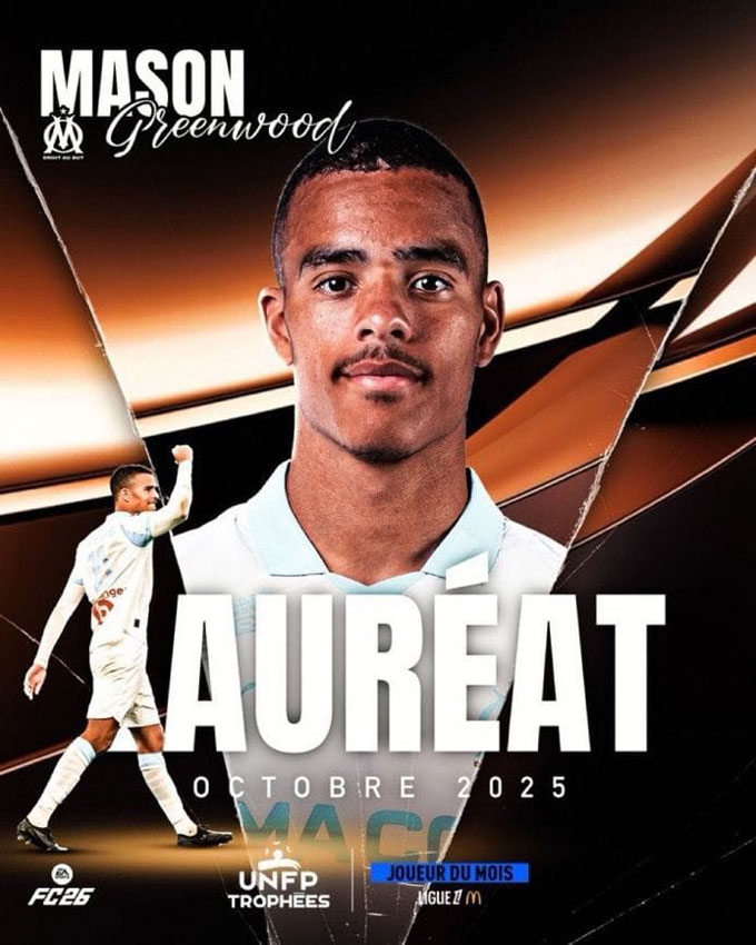 Greenwood được bầu là cầu thủ hay nhất tháng 10 tại Ligue 1