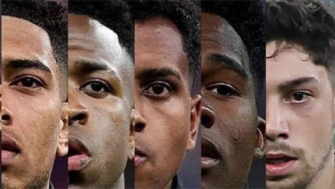 5 cầu thủ được cho là không hài lòng với Alonso (trái sang) Bellingham, Vinicius, Rodrygo, Endrick và Valverde