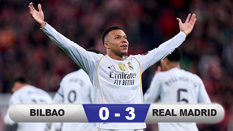  Kết quả Bilbao 0-3 Real Madrid: Người hùng Mbappe