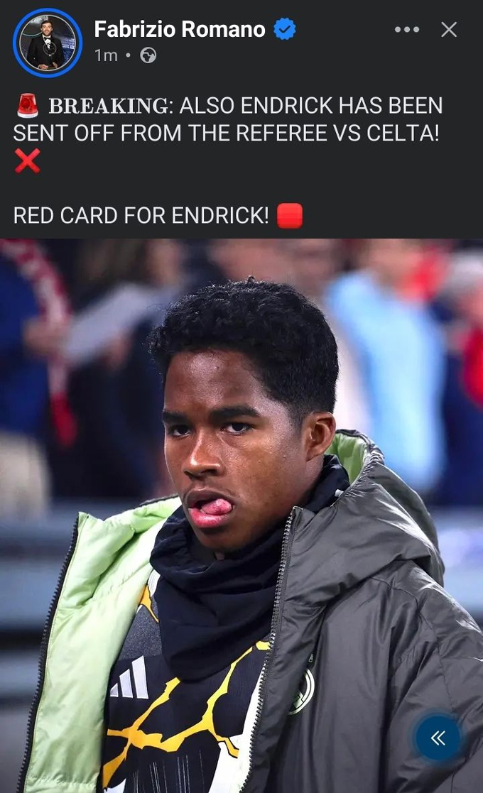 Endrick cũng phải nhận thẻ đỏ do lỗi phản ứng trên băng ghế dự bị