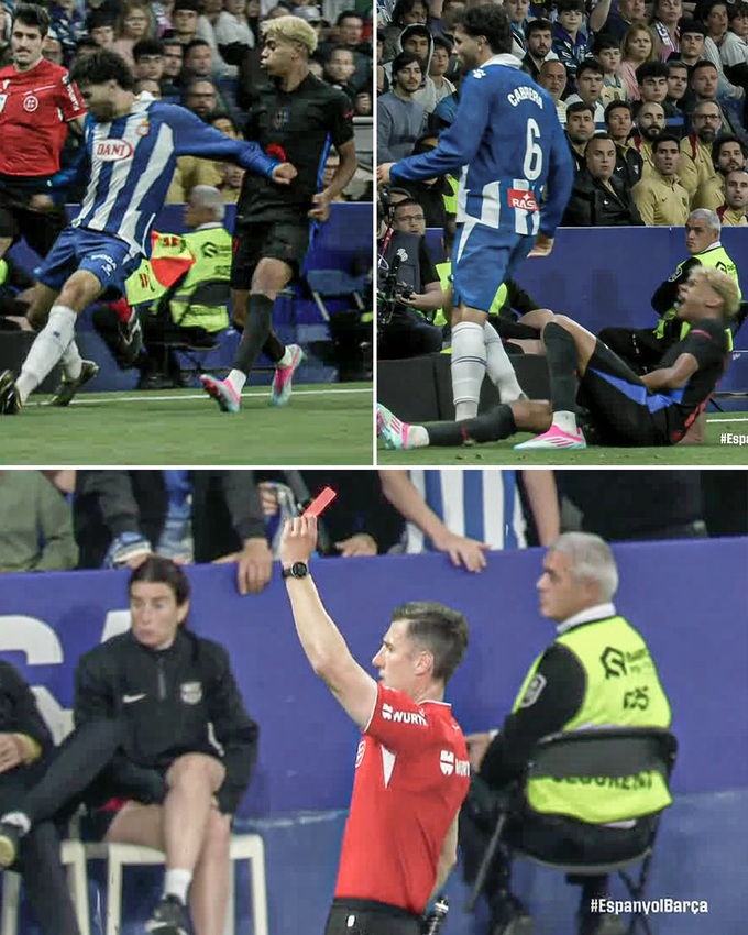Hậu vẹ Leandro Cabrera của Espanyol lĩnh thẻ đỏ vì cùi chỏ Yamal.