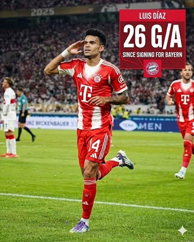 Diaz góp công vào 26 bàn thắng từ khi gia nhập Bayern ở hè 2025