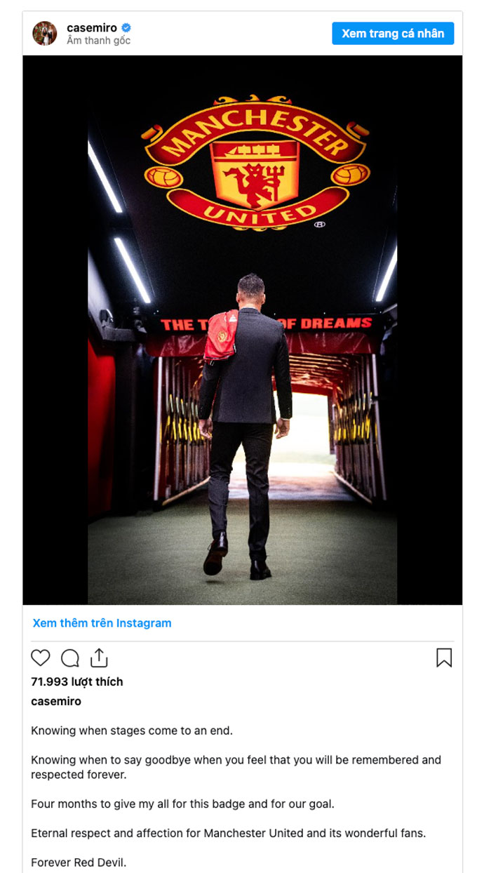 Casemiro xác nhận chia tay MU trên trang cá nhân