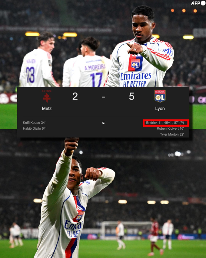 Endrick lập hat-trick trong chiến thắng của Lyon trước Metz