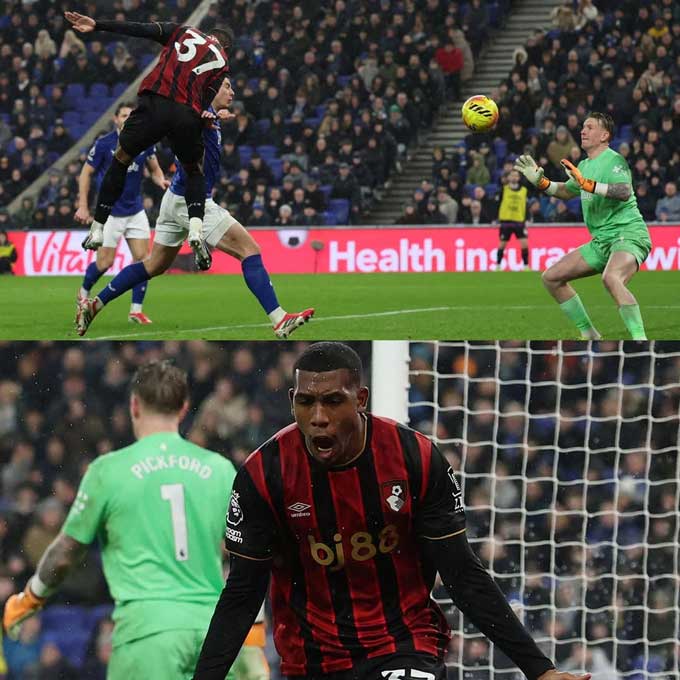 Ryan đánh đầu dũng mãnh ghi bàn cho Bournemouth ở trận gặp Everton