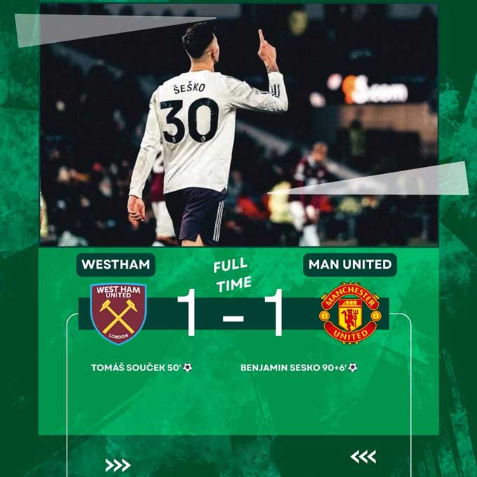 Sesko ghi bàn gỡ hòa cho MU ở trận gặp West Ham ở phút 90+6
