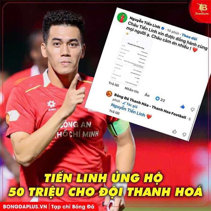 Tiến Linh ủng hộ 50 triệu đồng giúp CLB Thanh Hóa vượt qua khó khăn 