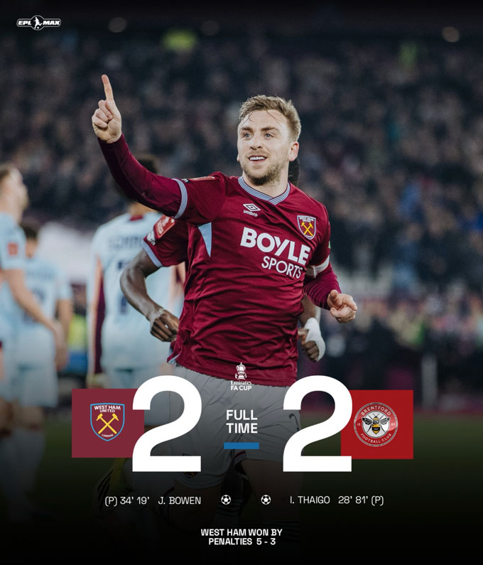 West Ham đánh bại Brentford sau loạt luân lưu