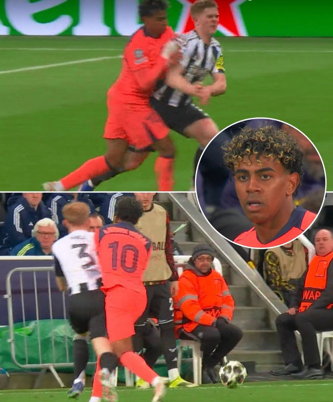 Yamal có pha đẩy sau lộ liễu với Lewis Hall nhưng may mắn không phải nhận thẻ vàng