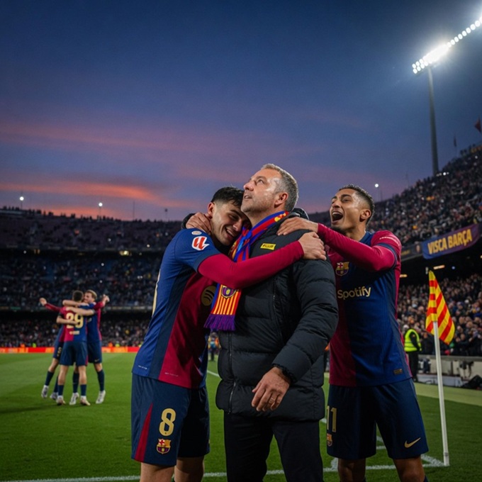 Niềm vui của thầy trò Hansi Flick sau khi đoạt chức vô địch La Liga