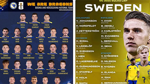 Bosnia & Herzegovina và Thụy Điển chốt danh sách dự World Cup 2026