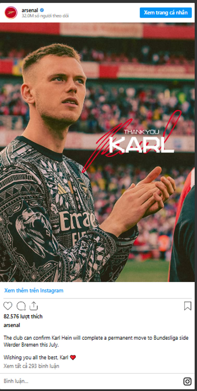 Arsenal thông báo chia tay Karl Hein
