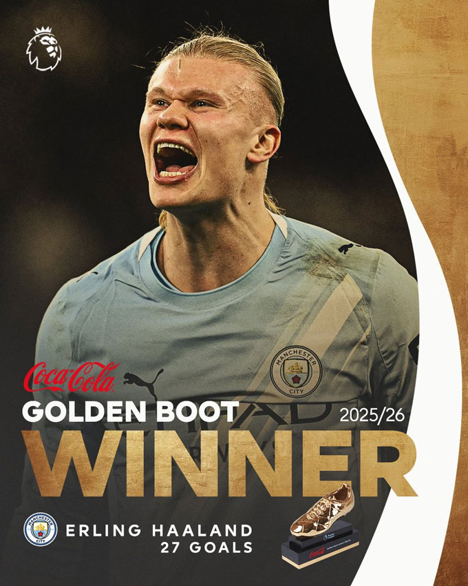 Haaland giành Chiếc giày vàng Premier League 2025/26 với 27 pha lập công - Ảnh: @premierleague
