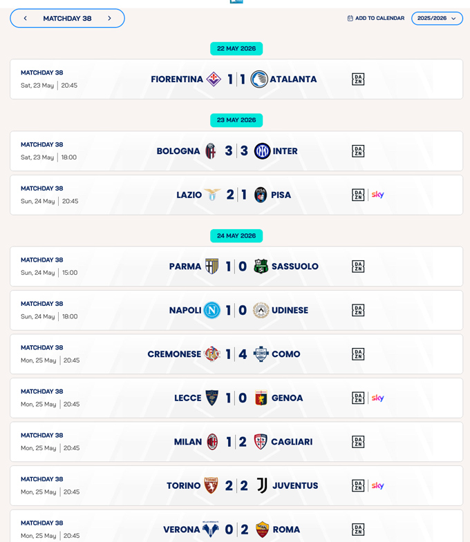 Kết quả vòng 38 Serie A 2025/26 - Ảnh: legaseriea