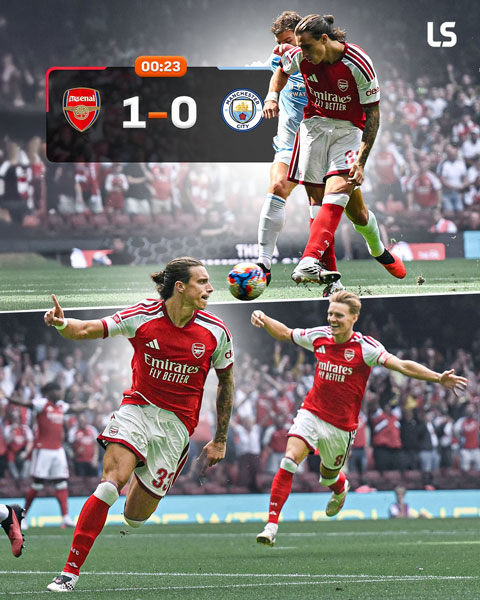 Calafiori mở tỷ số cho Arsenal ở giây thứ 23 - Ảnh: Livescore