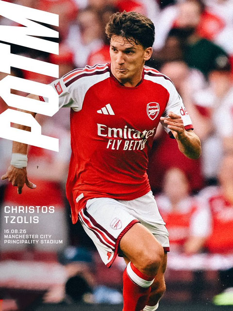 Tzolis được bầu là cầu thủ xuất sắc nhất trận Siêu Cúp Anh 2026 - Ảnh: @Arsenal