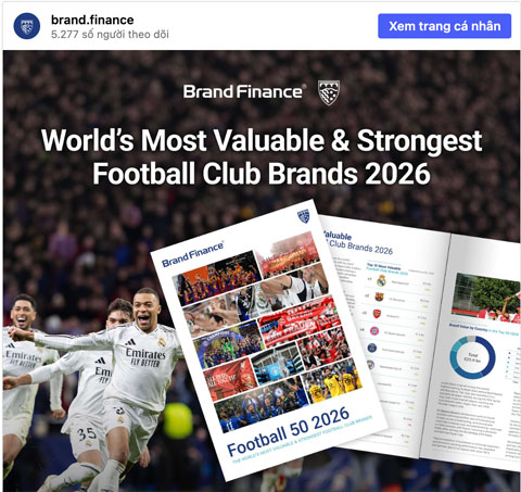 Brand Finance công bố báo cáo Football 50 2026, trong đó, Real là CLB có giá trị nhất thế giới - Ảnh chụp màn hình