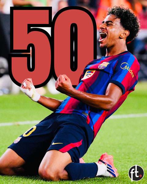 Yamal là cầu thủ cán mốc 50 bàn trẻ nhất lịch sử bóng đá chuyên nghiệp Tây Ban Nha - Ảnh: @Footballtweet