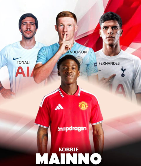 MU từng theo đuổi Tonali, Anderson và Mateus Fernandes trong cả mùa hè nhưng cuối cùng vẫn phải dựa vào Mainoo - Ảnh: Inno Saintman