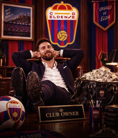 Có lẽ Messi sẽ chỉ thủ vai ông chủ, chứ không xỏ giày vào sân thi đấu cho Eldense. Ảnh: Threads
