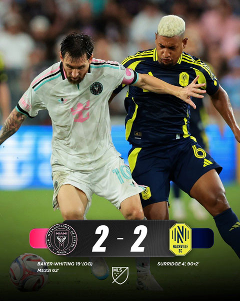 Messi ghi bàn nhưng Inter Miami vẫn bị Nashville cầm hòa 2-2 - Ảnh: @fdpradio