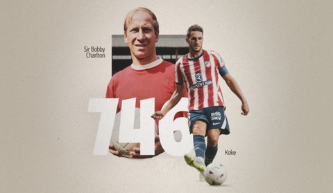 Koke vừa vượt qua Sir Bobby Charlton để độc chiếm vị trí thứ 8 trong danh sách "one club man". Ảnh: Atletico de Madrid