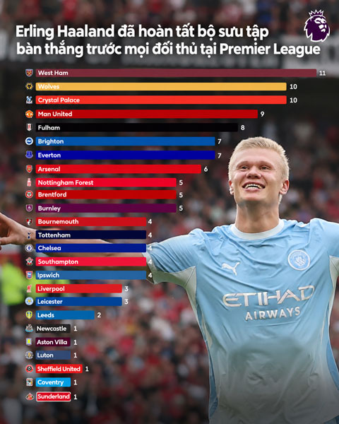 Số bàn thắng mà Haaland từng ghi vào lưới các đội tại Premier League - Ảnh: @PLinUSA