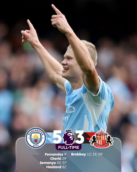 Man City đánh bại Sunderland với tỷ số 5-3 - Ảnh: @premierleague