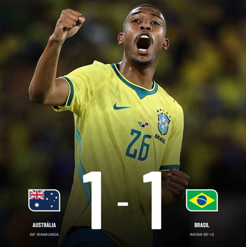 Rayan ghi bàn phút bù giờ giúp Brazil thoát thua trước Australia - Ảnh: Sujan Van Gautam
